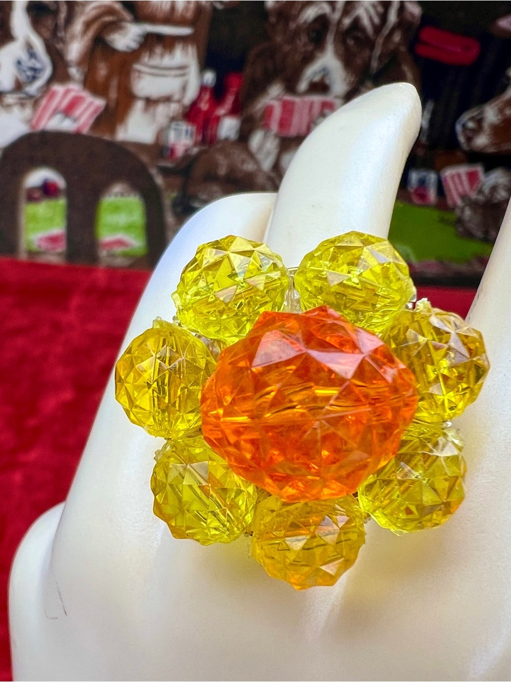 Vintage Remix, JAPAN Yellow & Orange Bead Cluster Adjustable Ring - Picture 4 of 6